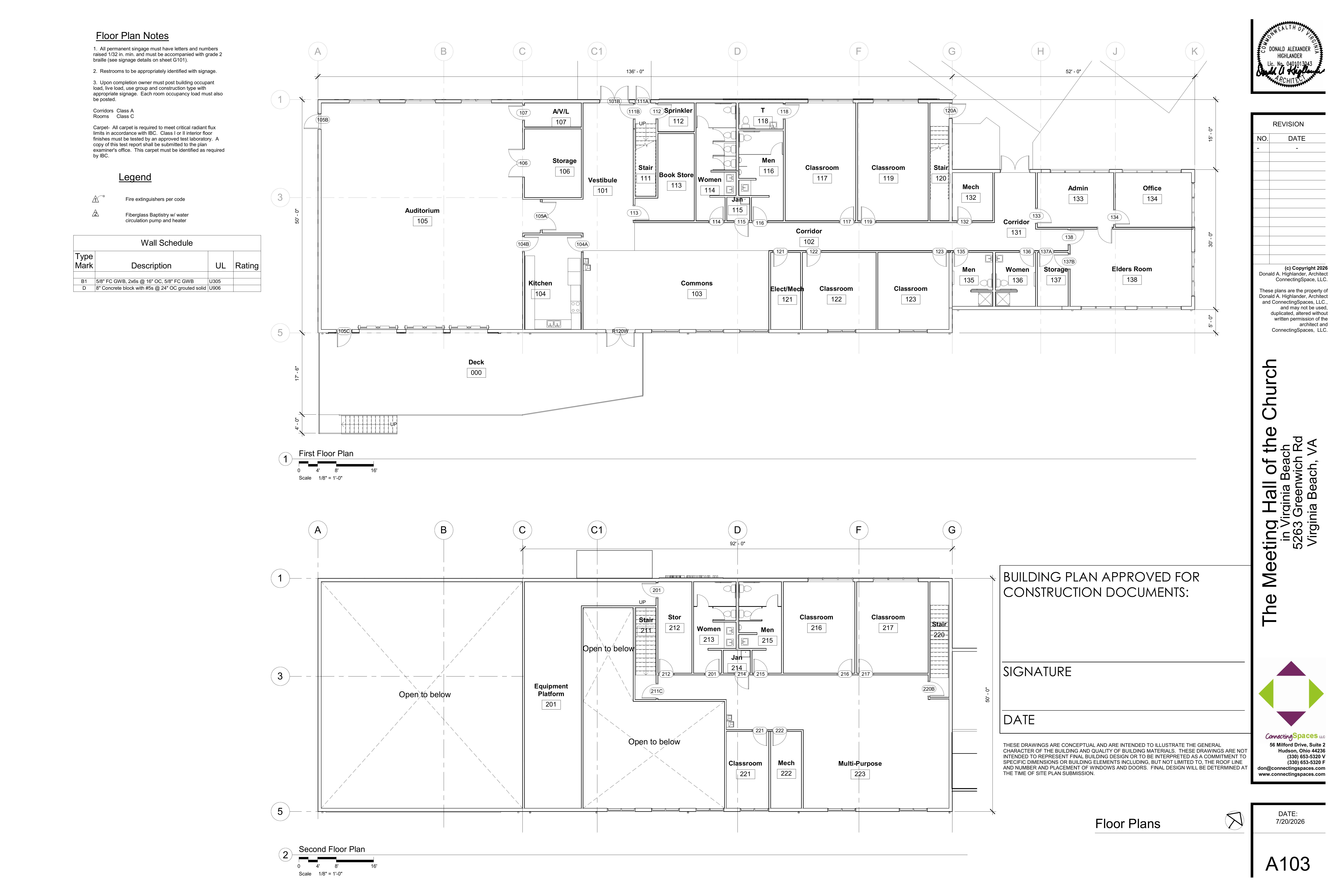 Floor plans of the meeting hall — main level and second level