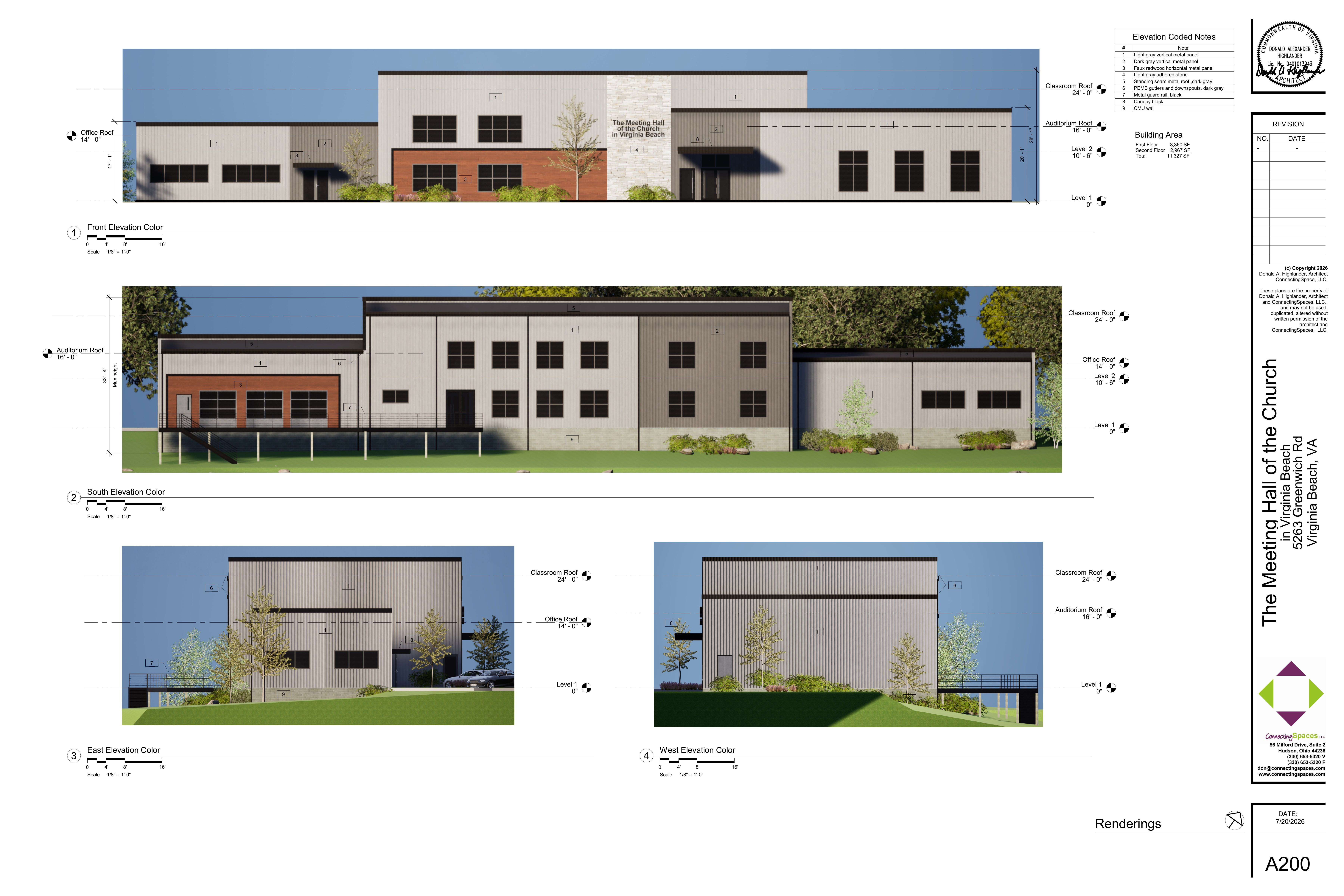 Color elevation drawings of the meeting hall — front, south, east and west