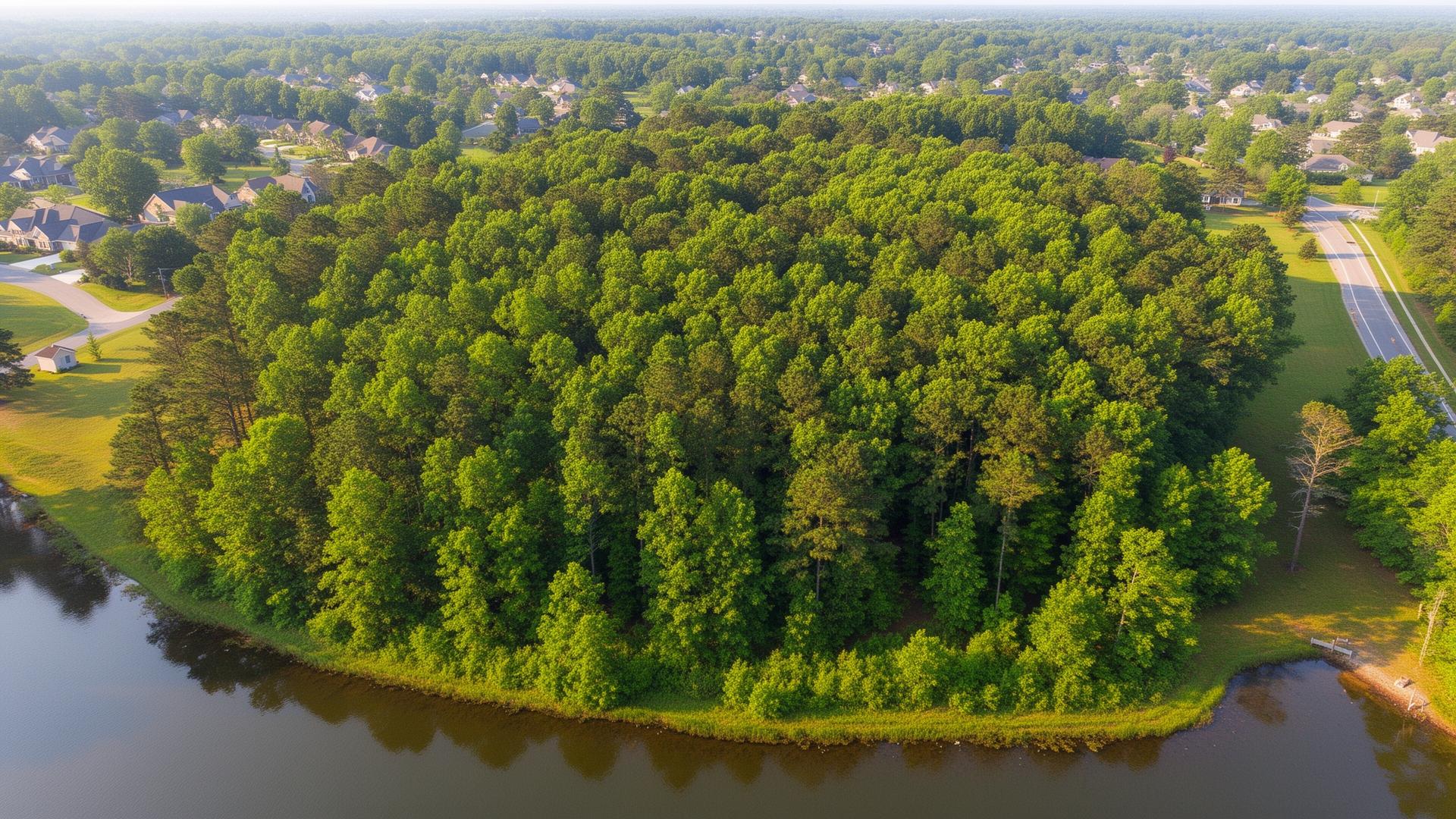 Aerial view of the wooded parcel beside Kemps Lake